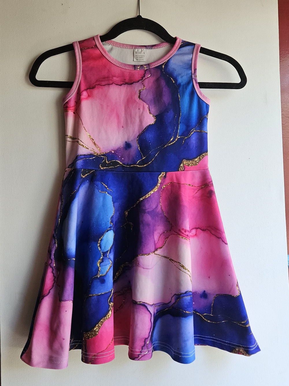 Girls Watercolor Marble Print Skater Dress Size Small Pink Blue Gold